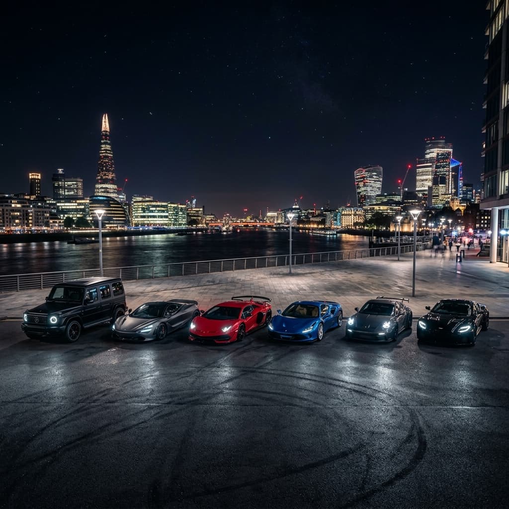 Collection of luxury cars with city skyline